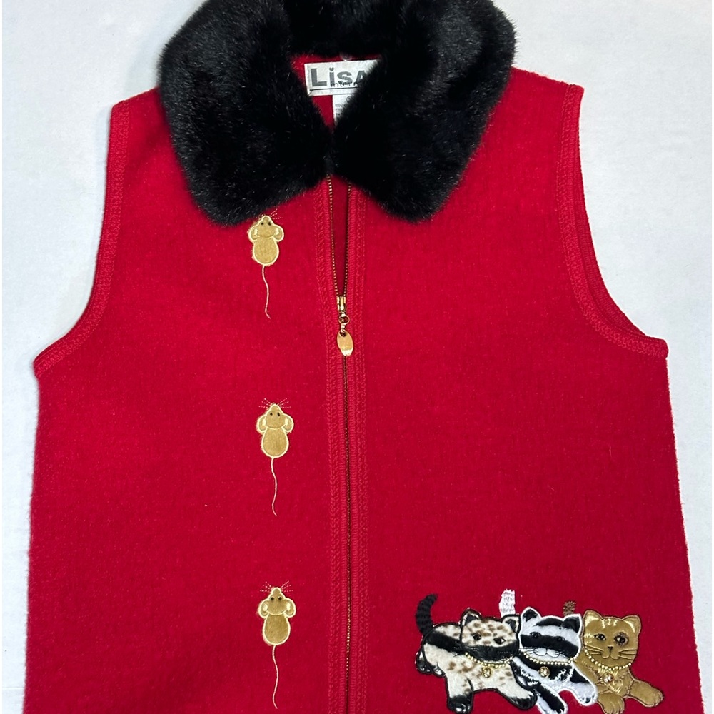 Lisa International Boiled Wool Vest Cat and Mouse Full Zip Faux Fur Collar